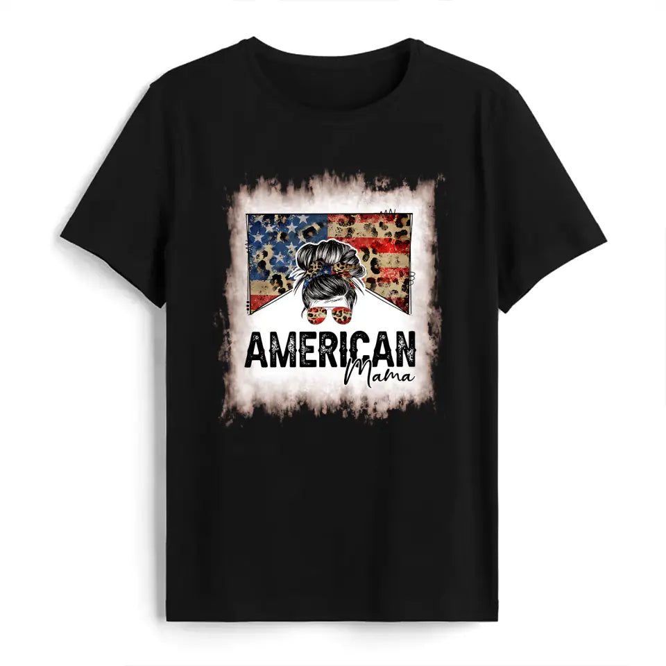 American Mama - Personalized T-Shirt, 4th Of July Messy Bun T-Shirt